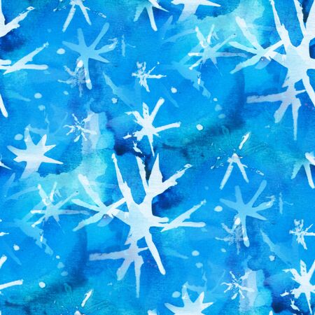 Seamless pattern with  white  snowflakes on a blue background. Watercolor illustration.の写真素材