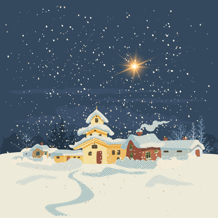 Christmas card in retro style. Winter landscape with a small village at night. Vector illustration.のイラスト素材