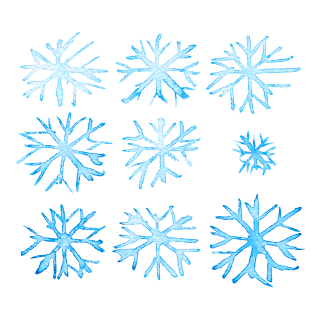 Set of  light-blue watercolor snowflakes isolated on white  background.の写真素材