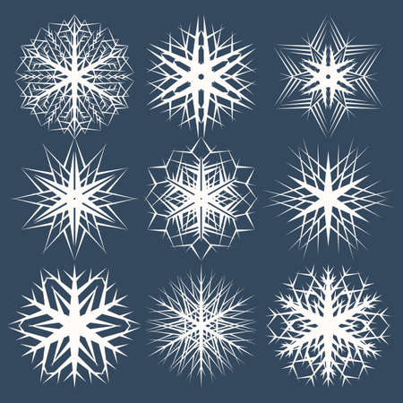 Vector set. The  white  snowflakes isolated on a black background.のイラスト素材