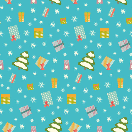Seamless Christmas pattern with fir-trees, birds and gifts. Vector illustration.のイラスト素材