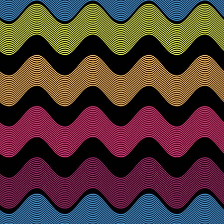 Bright geometrical pattern in a retro style with multi-colored waves on a black background. Vector illustrationのイラスト素材