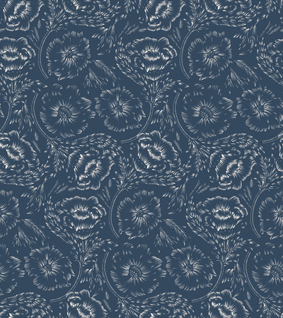 Seamless pattern - black and white flower background. The Flowers are drawn white ink on a black background. Vector illustration.のイラスト素材