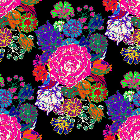 Seamless pattern with Flowers. The pattern for light summer fabrics or wrapping paper.  Hand-drawn illustration.  Vector illustration.のイラスト素材