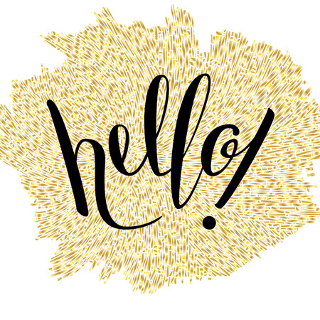 Hand Lettering "Hello!" Brush Pen lettering isolated on background. Handwritten vector Illustration. Background with a gold mosaic.のイラスト素材