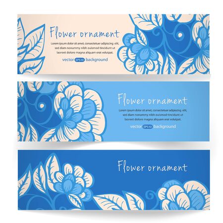 Vector set of horizontal banners with flowers. The illustration contains transparency and effects.のイラスト素材