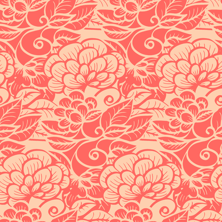 Seamless pattern with flowers and leaves. White flowers on a red background. Elegant endless background in a retro style. Vector illustration.のイラスト素材
