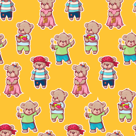 Seamless pattern with funny cartoon bears.  Vector illustration.のイラスト素材
