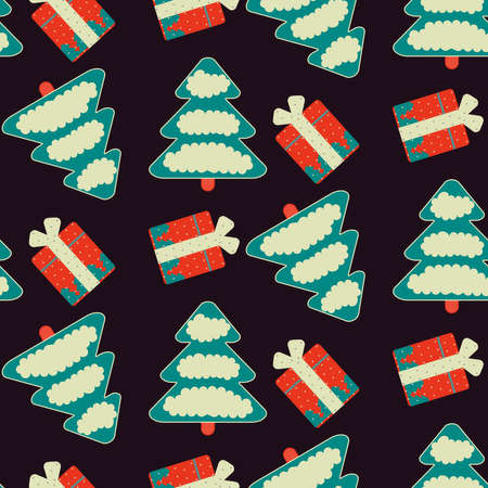 Seamless pattern with Christmas trees and gifts on a black background. Vector illustration.のイラスト素材