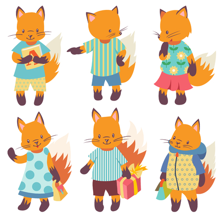 Vector set of red foxes in clothes.  Bright hand-drawn illustration.のイラスト素材