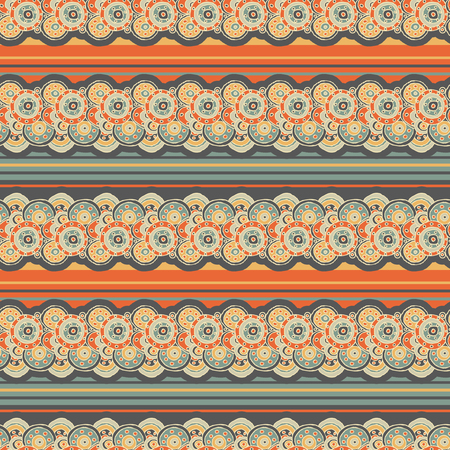 Abstract seamless retro pattern with stripes and circles in doodle style.  Vector illustration.のイラスト素材