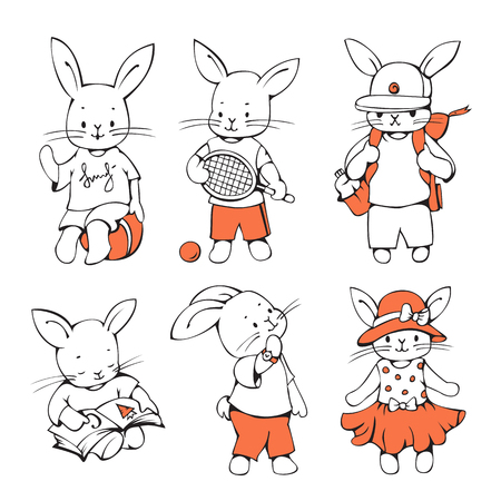 Illustration of funny cartoon Bunnies. Hand-drawn illustration. Vector set.のイラスト素材