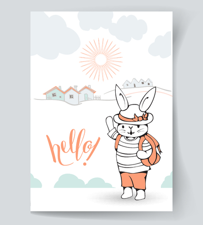 Postcard with a white Bunny and hand lettering "Hello!" Vector illustrationのイラスト素材