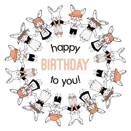 Greeting card "happy birthday!" with funny cartoon bunnies. Hand-drawn illustration.のイラスト素材