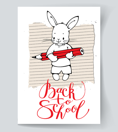 illustration of a cute white Bunny with a pencil. Phrase "Back to school!" Brush Pen lettering isolated on background.のイラスト素材