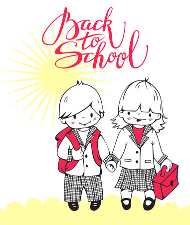 Vector illustration on the school theme. Little children and the phrase "Back to school".のイラスト素材