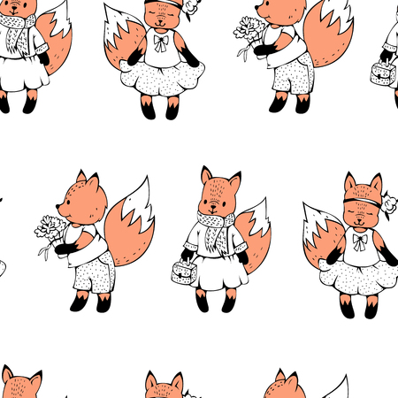 Seamless pattern with funny cartoon Foxes. Vector illustration.のイラスト素材
