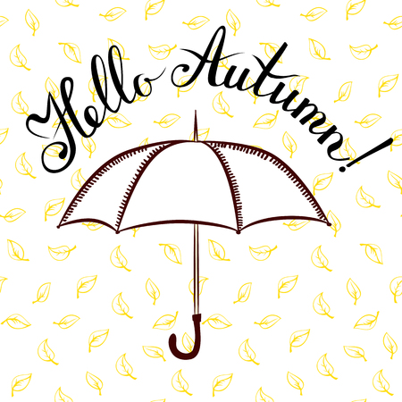 Phrase "Hello autumn!" Brush Pen lettering isolated on background. Handwritten vector Illustration. Background includes seamless pattern with leaves.のイラスト素材