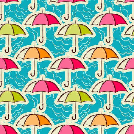 Seamless pattern with umbrellas on a blue background.  Hand-drawn illustration. Vector.のイラスト素材