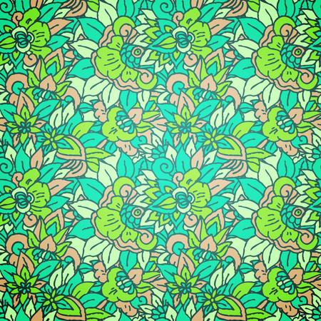 Seamless pattern - green flower background in doodle style.  The illustration contains transparency and effects.のイラスト素材