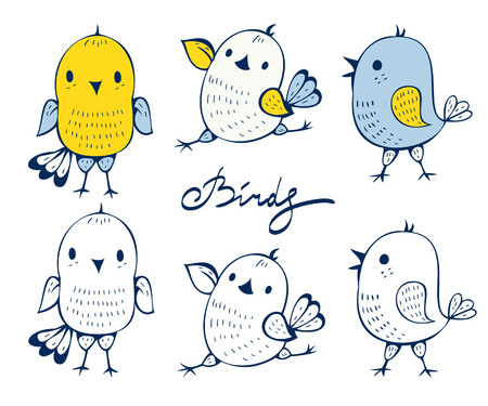 Vector set of  funny cartoon birds, isolated from a background. Monochrome and color version. Hand-drawn illustration.のイラスト素材