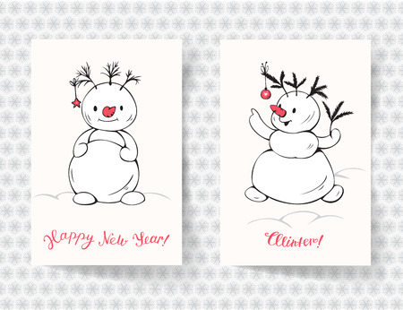 Two Christmas cards with snowmen. Hand-drawn illustration. Vector.のイラスト素材