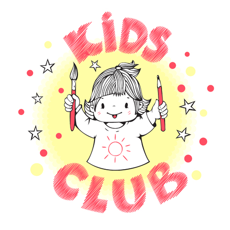 Illustration on the theme of kids club. Little girl with brush and pencil. Hand-drawn illustration. Vector.のイラスト素材