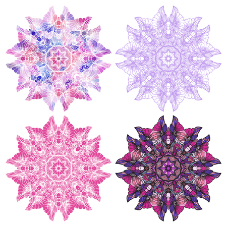 Set of circular ornaments in the style of a mandala, isolated on white background. Vector illustration.のイラスト素材