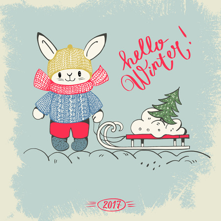 Hand-drawn illustration "Hello winter!" with a cartoon Bunny. Retro style with grunge effect. Vector.のイラスト素材