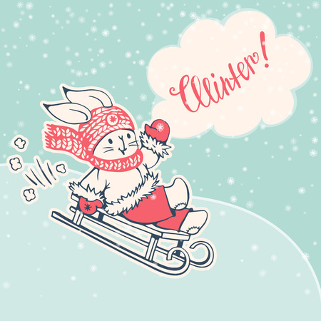 Winter illustration with the cartoon funny Bunny on the sled.  Vector.のイラスト素材