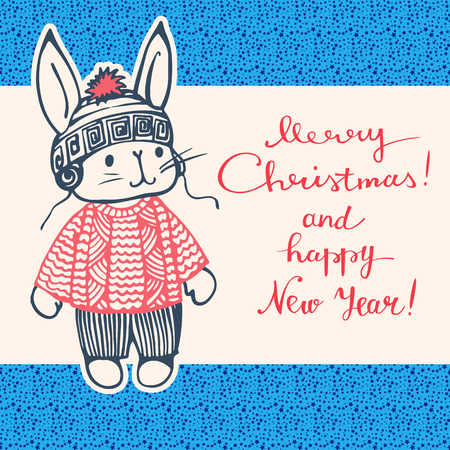 Greeting Card "Merry Christmas and happy New year!" with a cartoon Bunny. Hand-drawn illustration. Vector.のイラスト素材