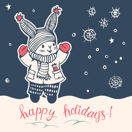 Greeting Card "Happy holidays!" with a cartoon Bunny. Hand-drawn illustration. Vector.のイラスト素材
