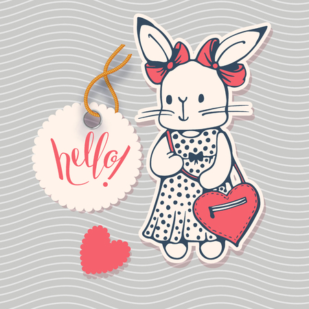 Hand-drawn illustration. White Bunny with red bag and hand lettering "Hello!" Vectorのイラスト素材