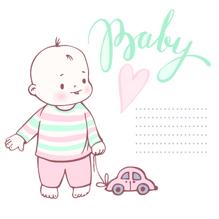 Cute baby boy with the toy car. Hand-drawn illustration in pastel tones. Vector.のイラスト素材