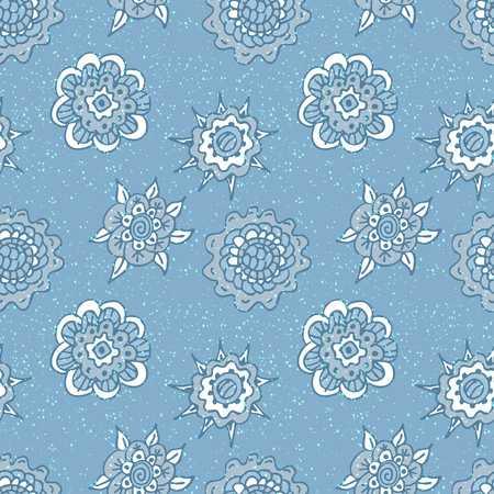 Blue seamless background with simple flowers. Hand-drawn illustration. Vector.のイラスト素材