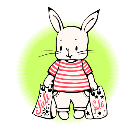 Illustration of a cartoon Bunny with purchases . Hand-drawn illustration. Vector.のイラスト素材