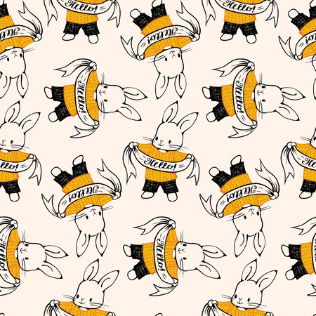 Seamless pattern with funny cartoon Bunnies. Hand-drawn illustration. Vector.のイラスト素材