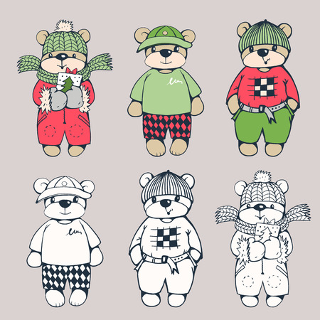 Vector set of  funny cartoon bears, isolated from a background. Monochrome and color version. Hand-drawn illustration.のイラスト素材