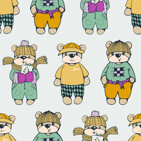 Seamless pattern with funny cartoon bears.  Vector illustration.のイラスト素材