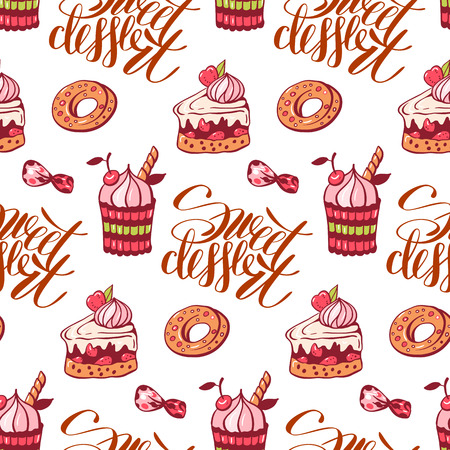 Seamless pattern with sweet dessert. Hand-drawn illustration. Vector.のイラスト素材