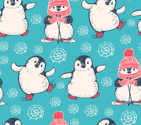 Seamless pattern with cute penguins on a blue background. Hand-drawn illustration. Vector.の写真素材