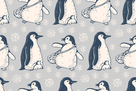 Seamless pattern with cute penguins and snowflakes. Hand-drawn illustration. Vector.の写真素材