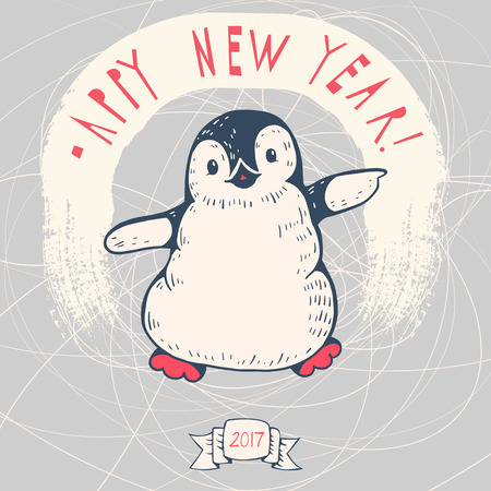 Greeting card "happy New Year" with a cartoon penguin. Hand-drawn illustration. Vector.の写真素材
