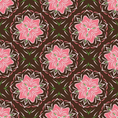 Brown and pink seamless pattern with floral and geometrical ornament in a retro style. Vector illustrationのイラスト素材