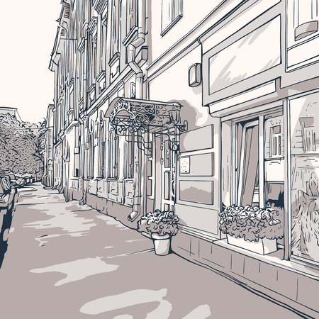 Street views of the city with historical buildings.Urban landscape. Monochrome vector illustration.のイラスト素材