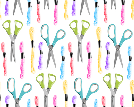 Seamless pattern with bright scissors and a mouline thread on a white background.のイラスト素材