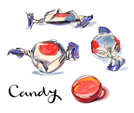 Sketch of candies. Drawing ink and watercolor. Hand-drawn illustration. Vector.のイラスト素材
