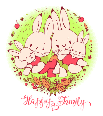 Illustration of funny cartoon Bunnies family. Hand-drawn illustration. Vector.のイラスト素材