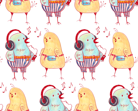 Seamless pattern with watercolor birds in doodle style. Hand-drawn illustration.の写真素材