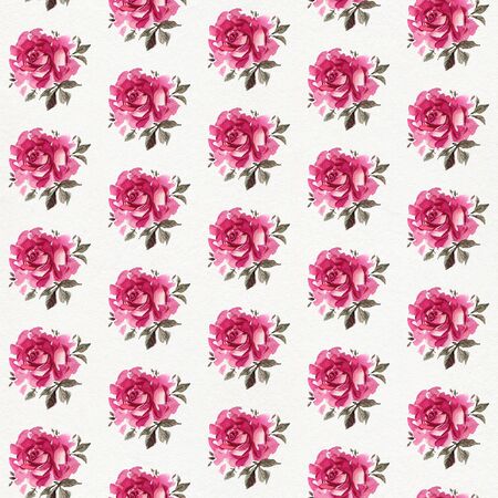 Seamless pattern with pink watercolor roses on a white background. Hand-drawn illustration.